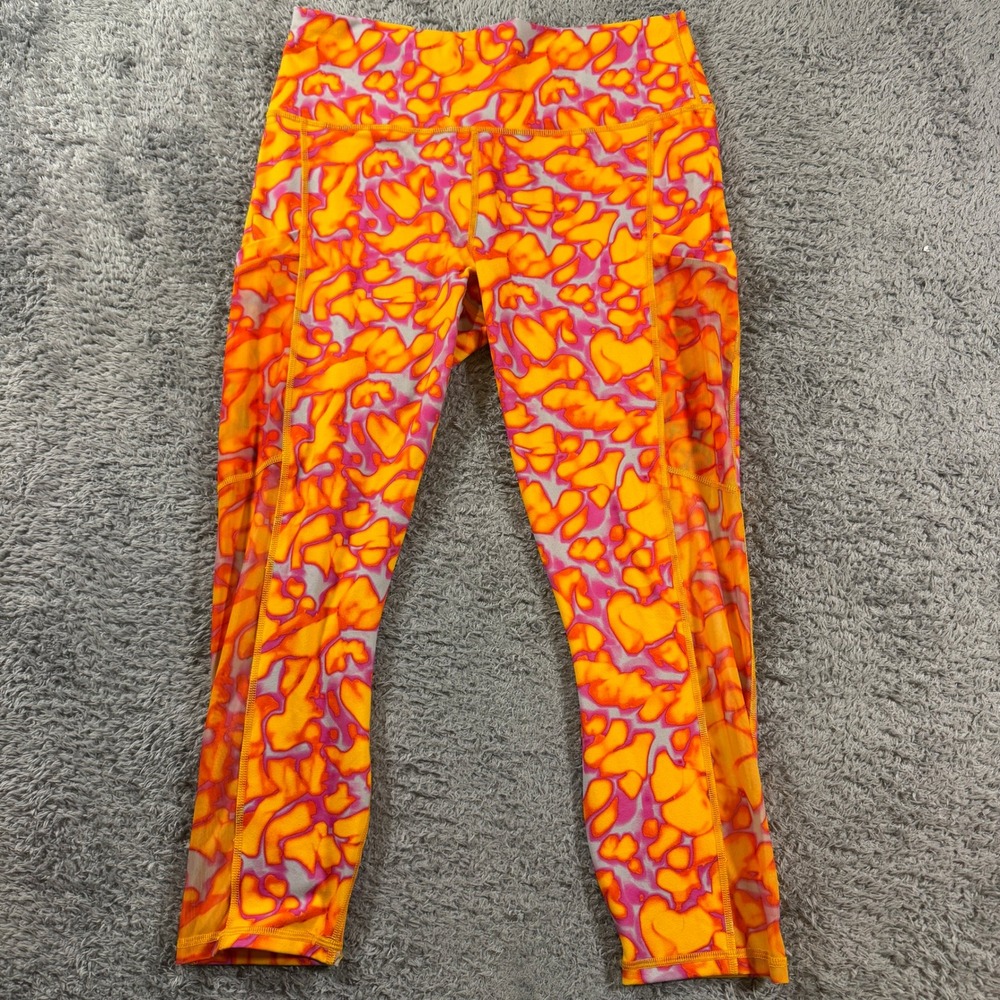 Fabletics PowerHold Leggings Size L Orange Pink Abstract Mesh Pocket Athletic
